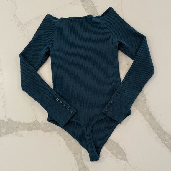Abercrombie & Fitch Ribbed V-Neck Knit Sweater Body Suit Women’s Large Teal Blue - Picture 6 of 9